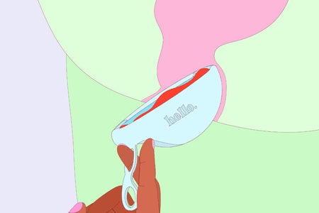 A colourful illustration of a finger looped through the tab of a Hello Disc menstrual disc pulling it out of the body showing red inside the disc to illustrate blood.