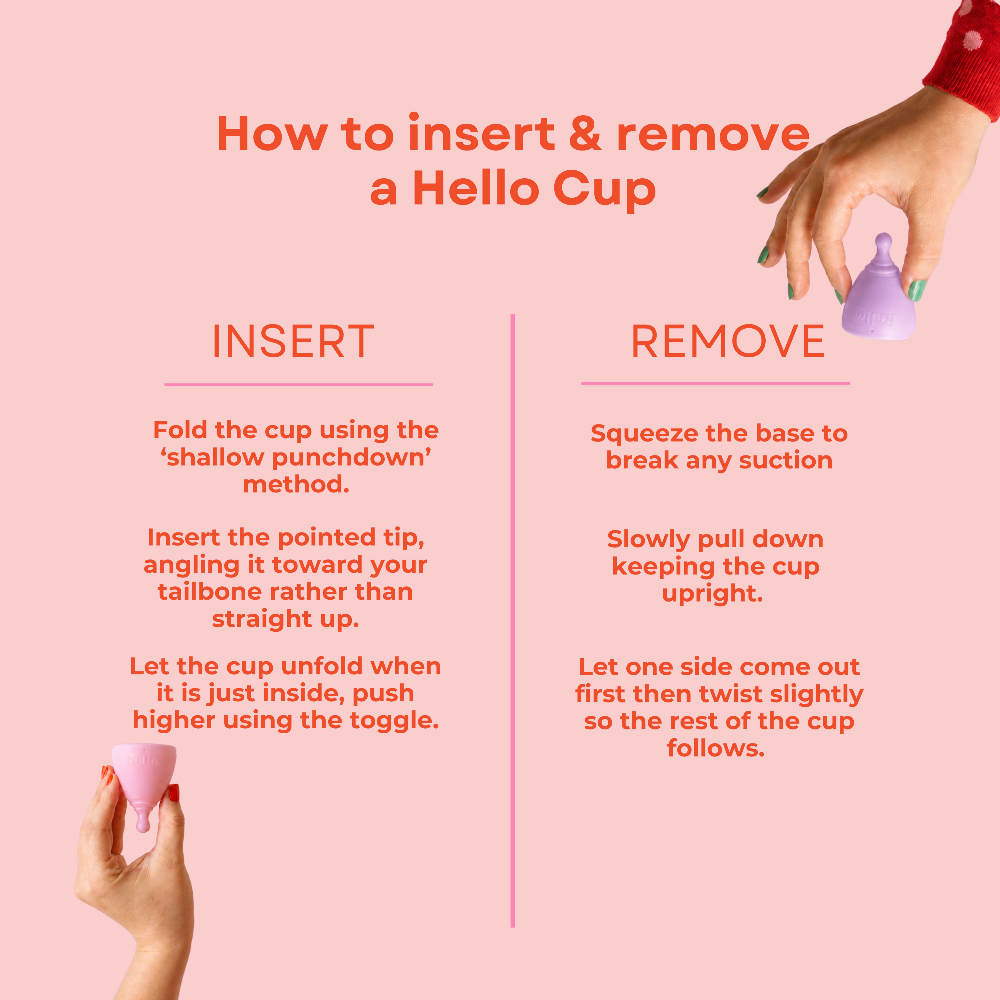 Chart describing step by step how to insert and remove a menstrual cup on a pink background with images of hands holding a pink and lilac menstrual cup