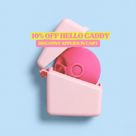 Pink silicone Hello Caddy case with a pink menstrual disc inside r on a light blue background, with promotional text overlay.