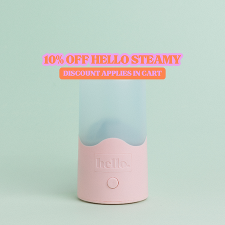 Pink and blue steam steriliser device with 'hello' branding on a light green background, featuring a discount message.