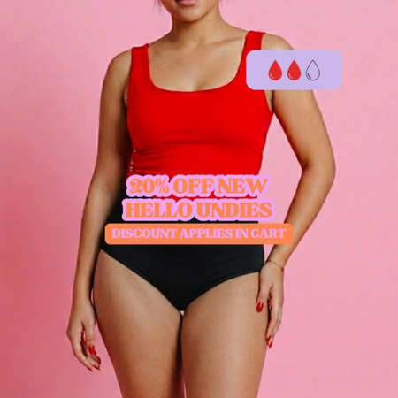 Person wearing a red tank top and black high waist underwear with promotional text on a pink background