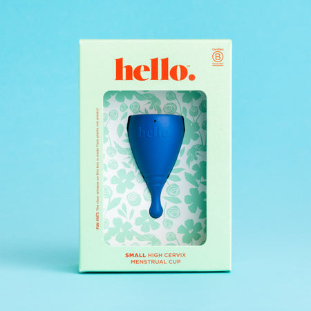 Packaging of Hello Cup High Cervix menstrual cups showing two cups inside, with one labeled as small and the other as medium. The packaging is decorated with a floral pattern and the product is identified as 'menstrual cup' with a note that it's designed for high cervix.