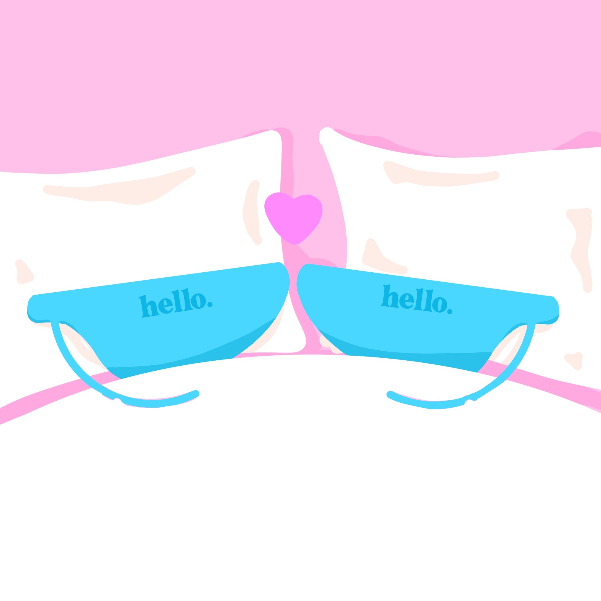 Illustration of two blue Hello Disc menstrual discs in bed with white pillows behind them on a pink background