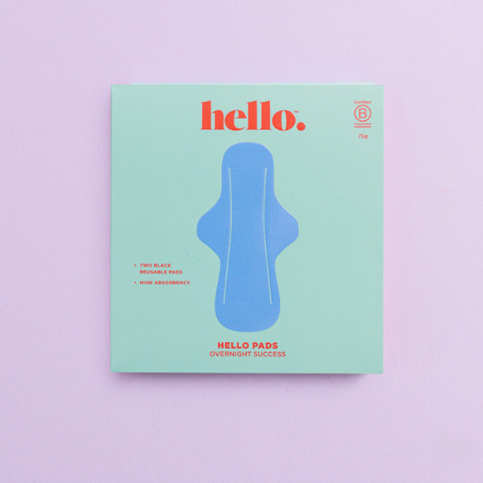 Blue packaging featuring a blue sanitary pad illustration on a light purple background