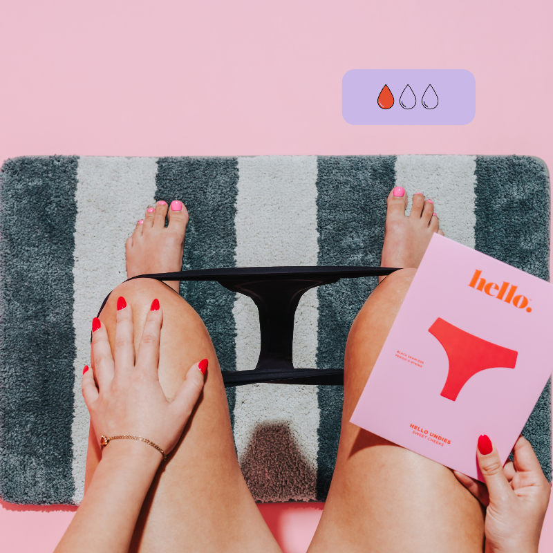 Person holding a period thong underwear packaging with feet on a striped rug and thong around their calves on a pink background with absorbency icons. 