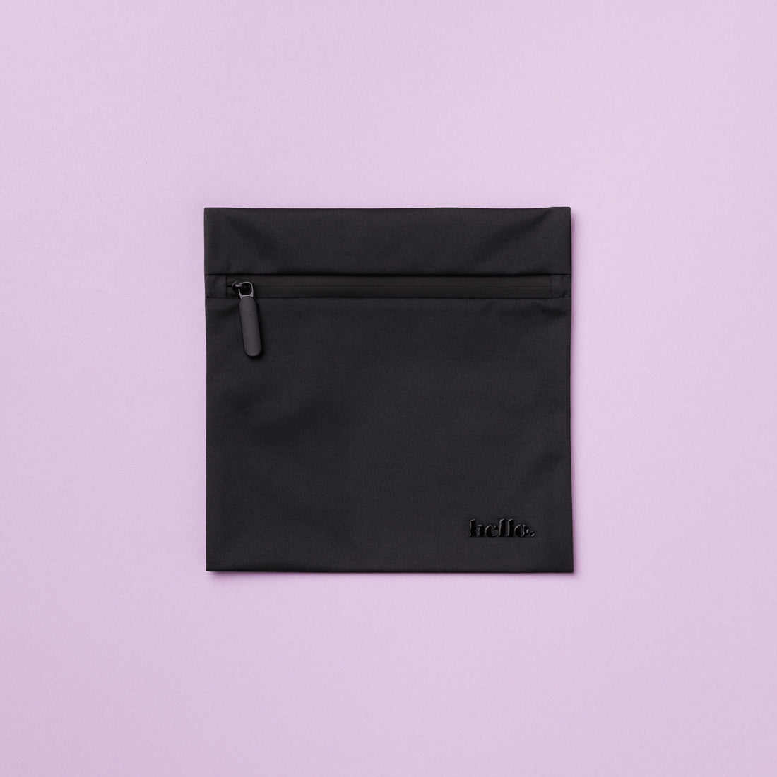 A black waterproof storage bag with a black zipper and the word 'hello' printed in on the front. The bag is displayed against a lilac background.