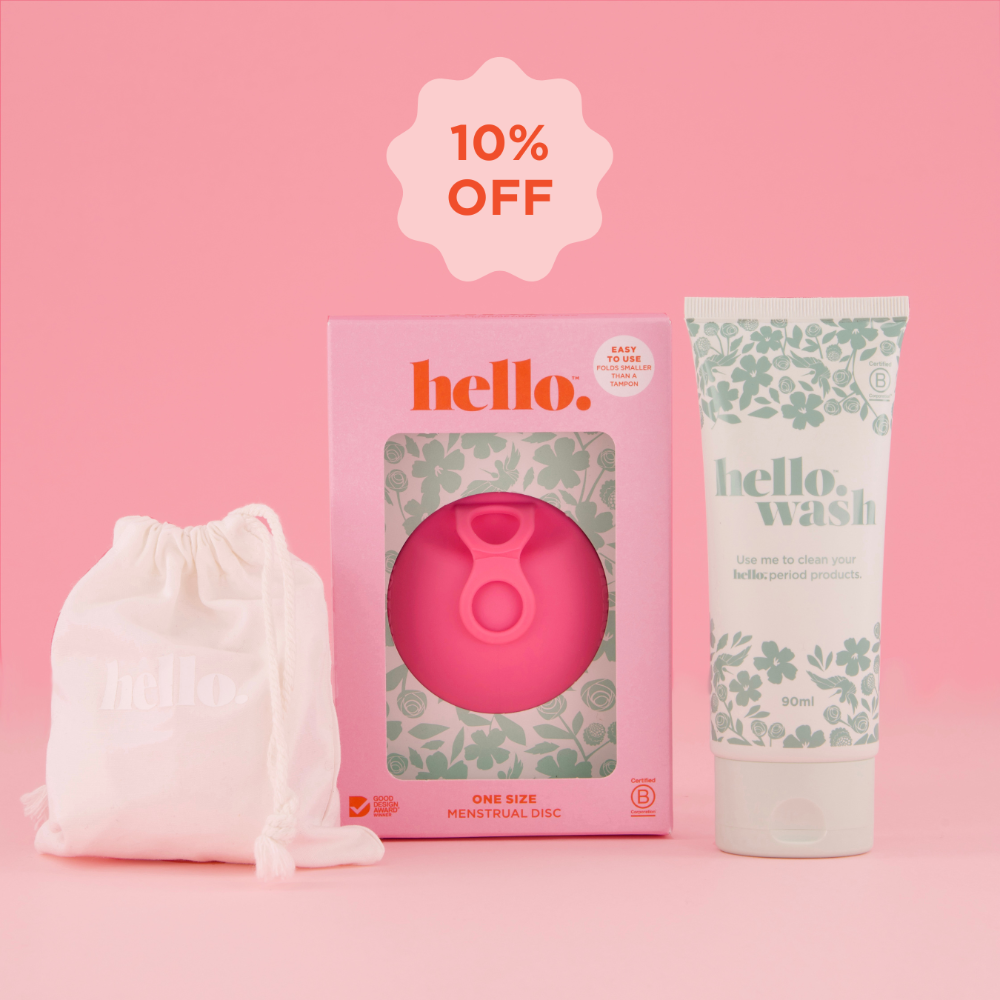 Hello Period menstrual product set with Hello Disc in pink, Hello Wash tube in green and a white cotton drawstring bag against a pink background with '10% OFF' offer.