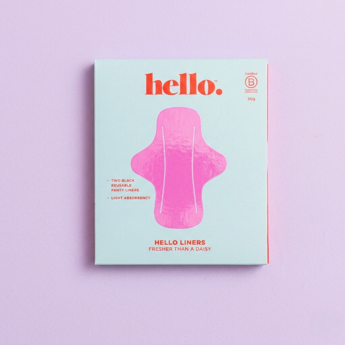 Package of Hello Liners featuring an illustration of a liner in pink of the front of a blue packet on a light purple background