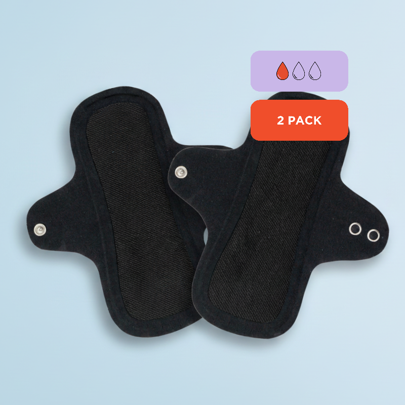 Two black panty liners by Hello Period with a '2 Pack' label and droplet absorbency graphic on a light blue background