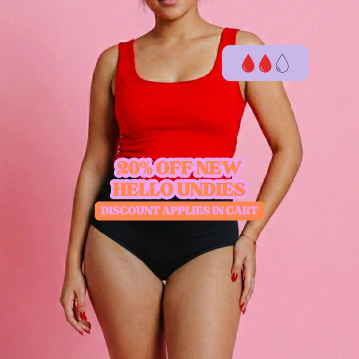 Person wearing a red tank top and black high waist underwear with promotional text on a pink background