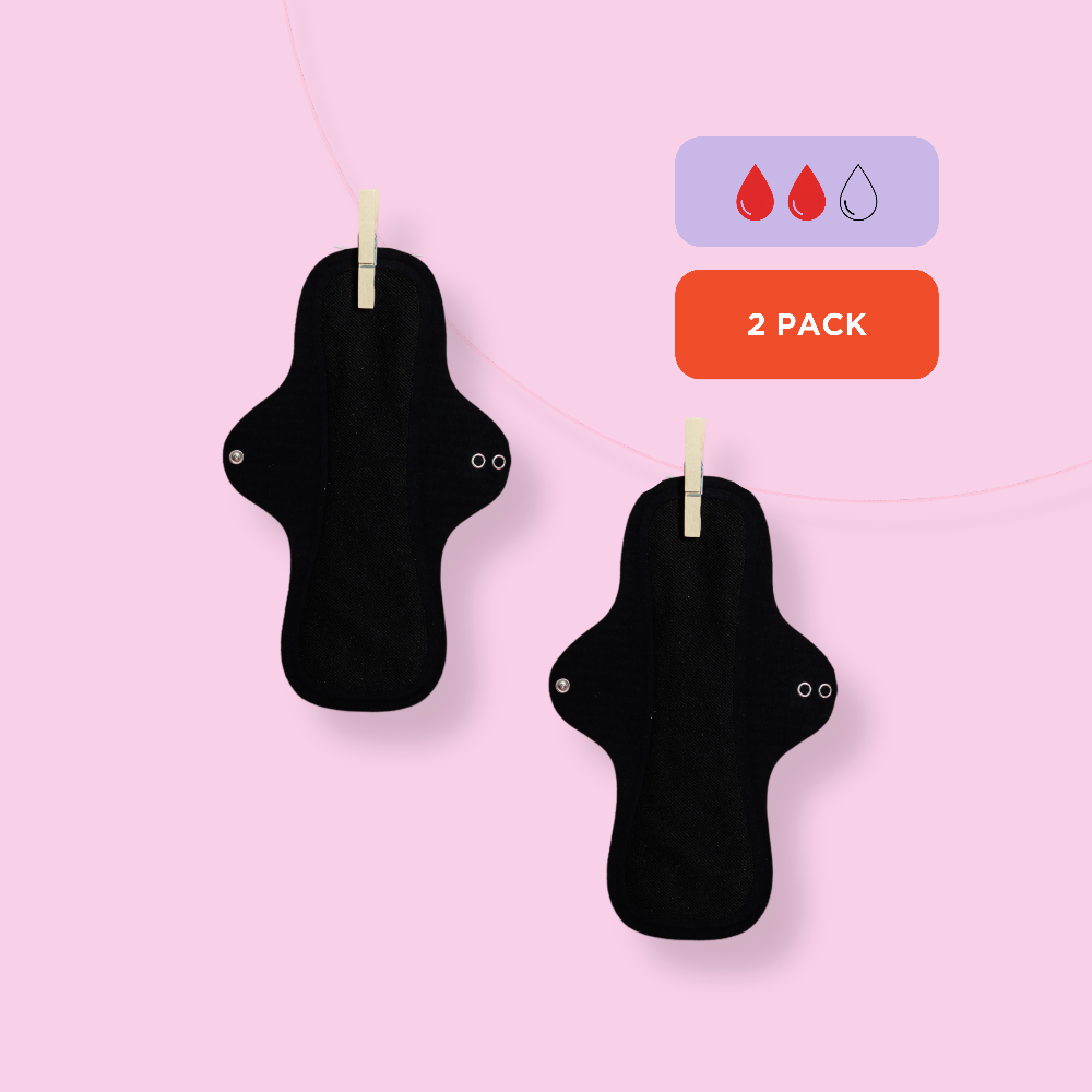 Two black reusable panty liners  by Hello Period on a pink background with a '2 Pack' label.