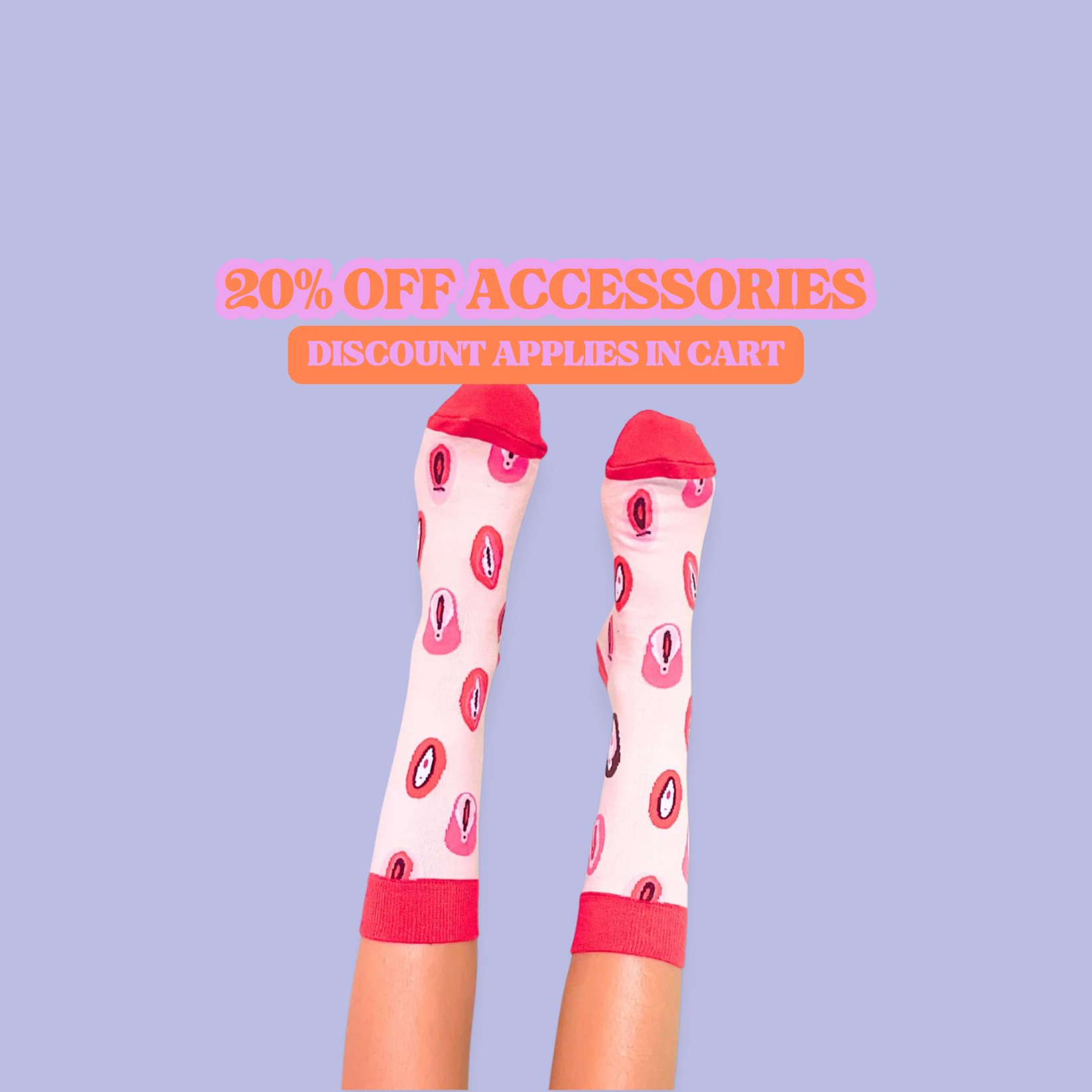 Legs in the air wearing colourful socks with red tops and pink vulva illustrations on them on a light purple background, with promotional text overlay.