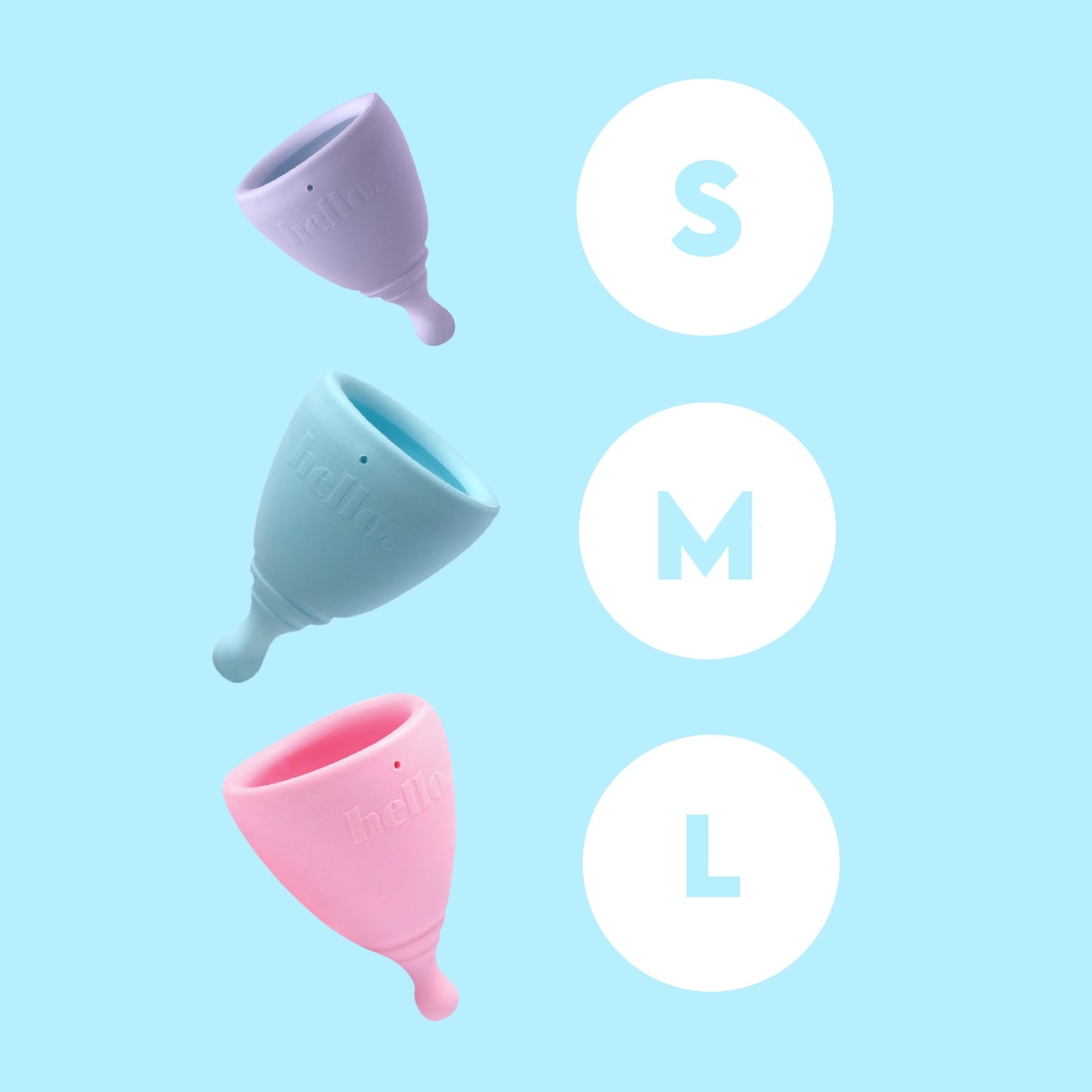 Three menstrual cups on a blue background with size icons next to each cup.